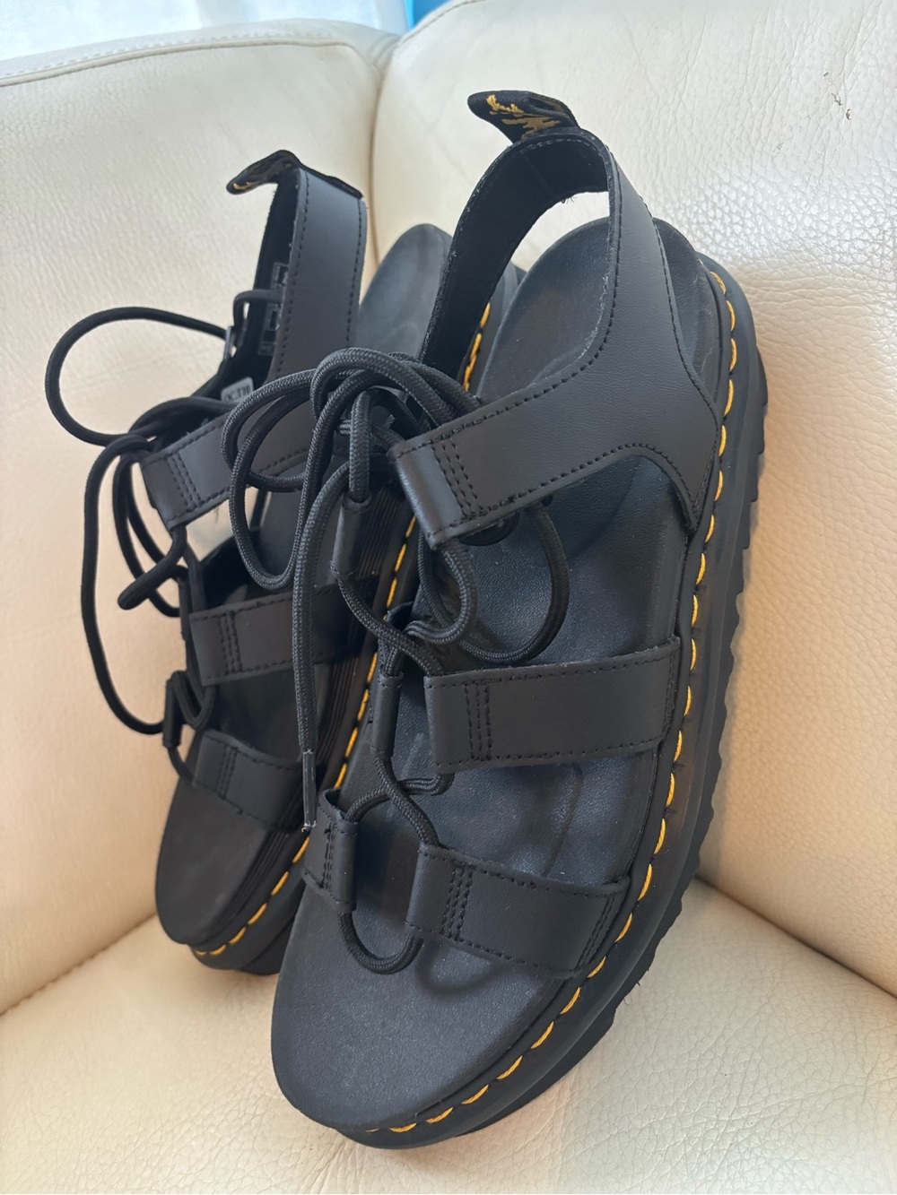 Dr. Martens Black Leather Sandal with Yellow Stitching